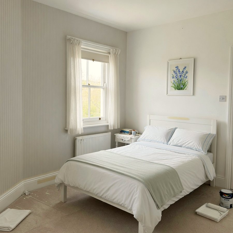 Bedroom with striped wallpaper on one wall and freshly painted white walls